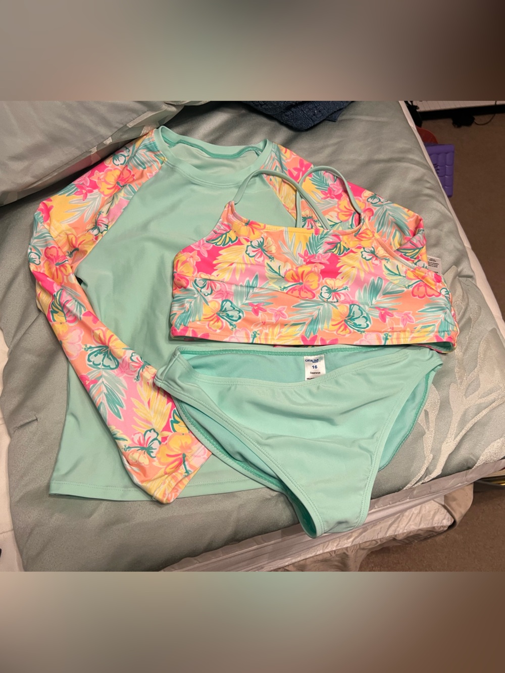 Catalina Mint Green Girls Three-Piece Swim Set size 16 long sleeve top, bikini